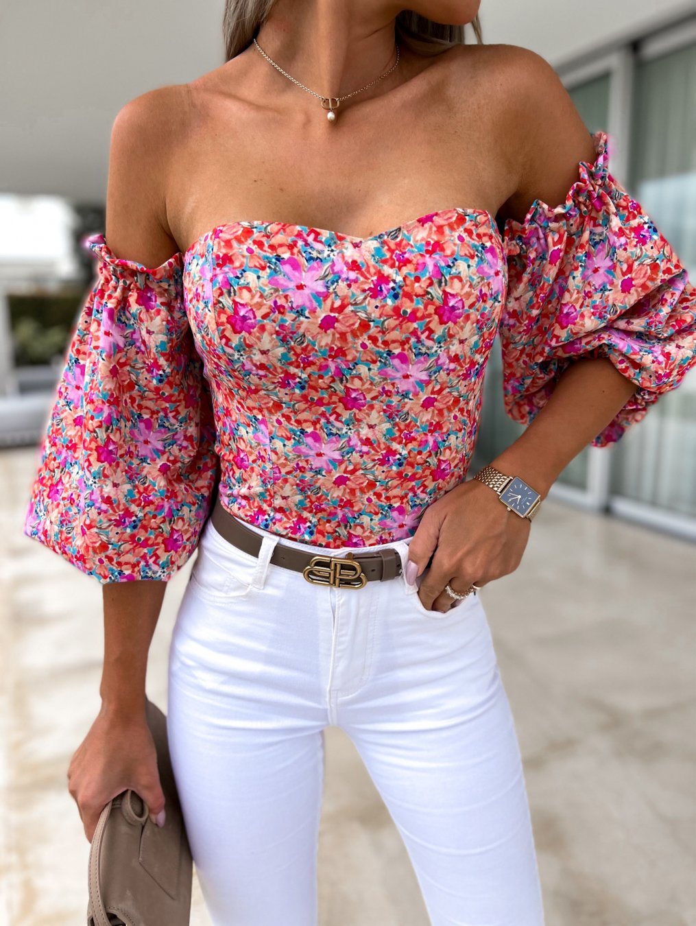 Dam Blus Off-Shoulder Blommönster Polyester Spandex-2