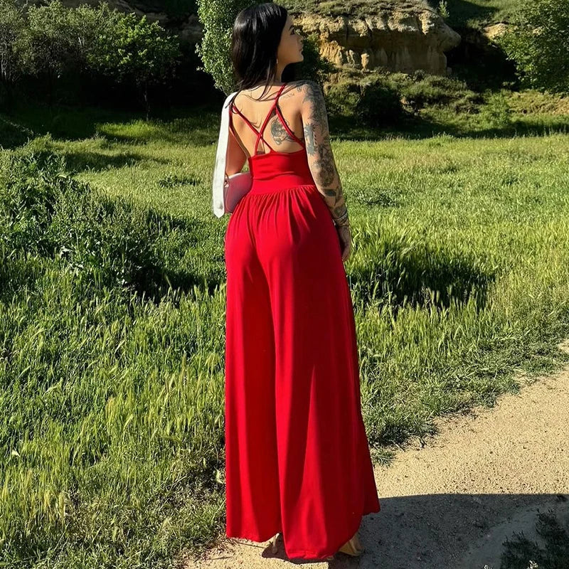 Dam Jumpsuit Avslappnad Polyester och Bomull Bred Byxdesign Komplett Längd-2