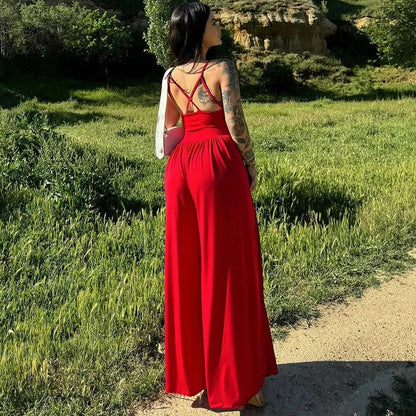 Dam Jumpsuit Avslappnad Polyester och Bomull Bred Byxdesign Komplett Längd-2