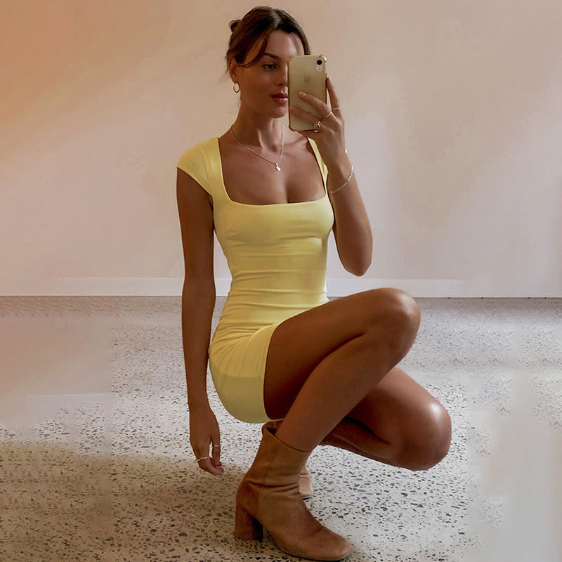 Kvinna Miniklänning Fyrkantig Halsringning Polyester-3