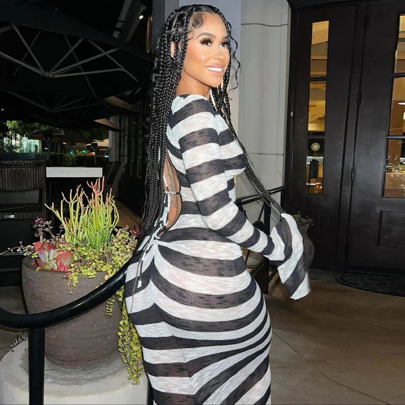 Maxiklänning Dam V-ringning Randig Polyester Lång Ärmar-4