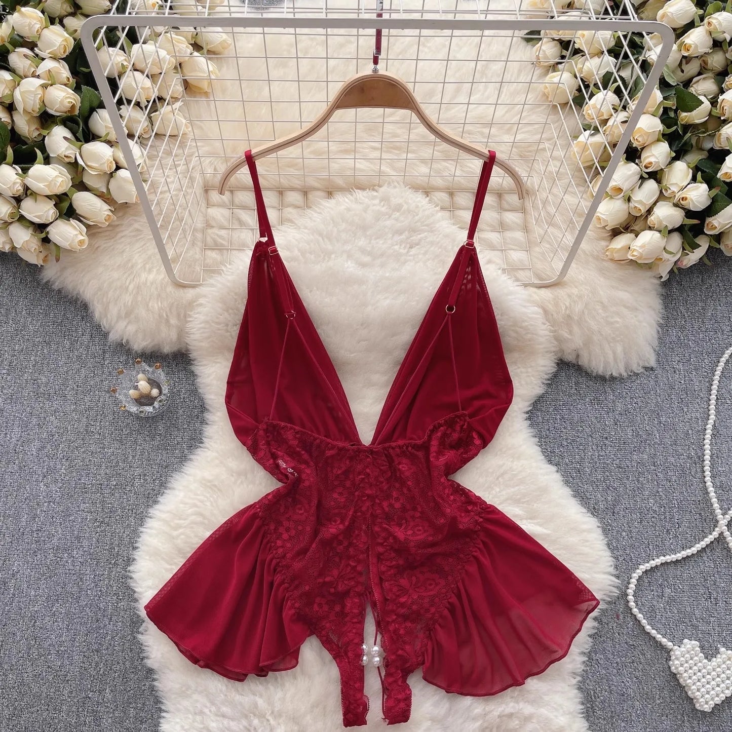 Dam Teddie Blommönster Pärlbroderi Polyester Spandex-2