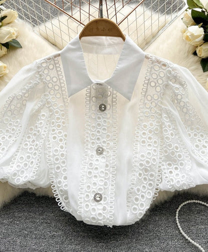 Dam Blus Puffärmar Mjuk Bomull Monokrom 7