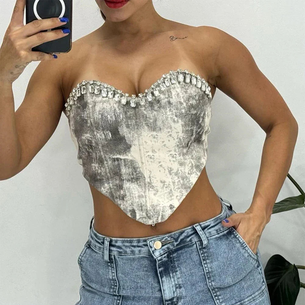 Dam Glittrig Topp Kort Passform med Tryck och Strass i Mjuk Bomullspolyester-2