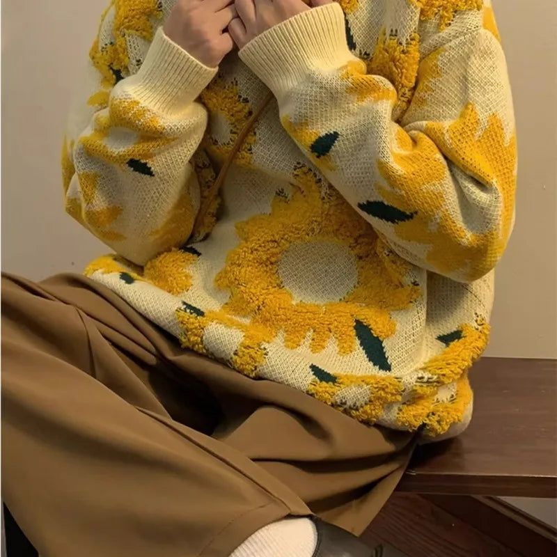 Stickad Dam Tröja med Solrosmönster i Tjock Akryl-4