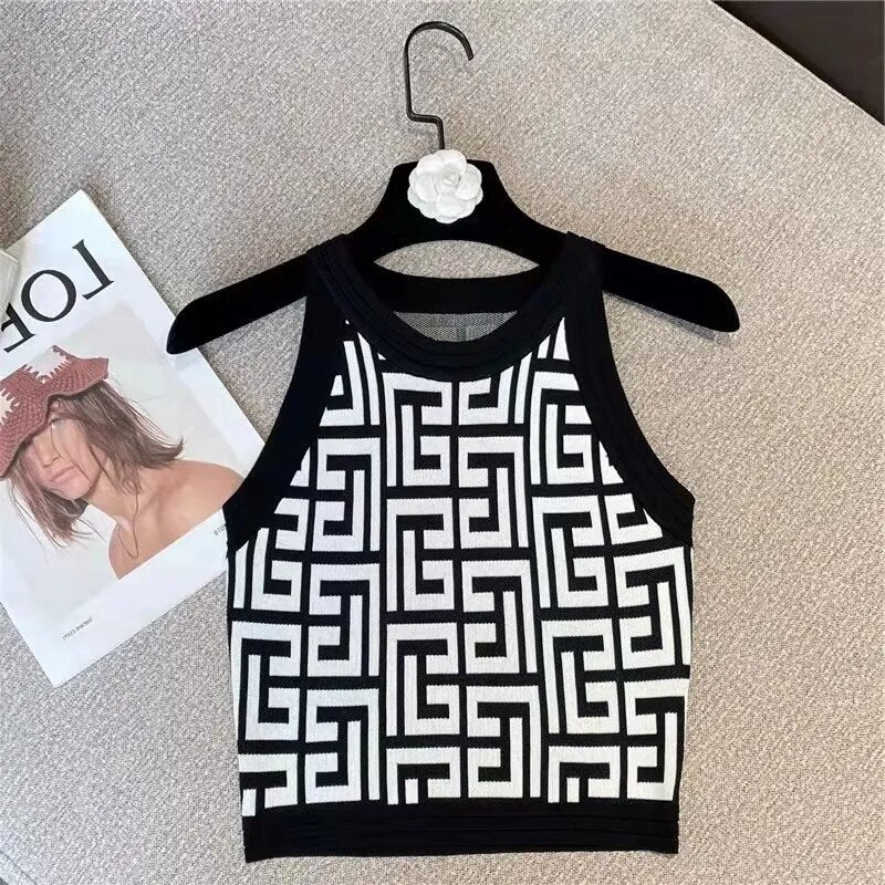 Dam Crop Top Ärmlös Geometrisk Polyester-5