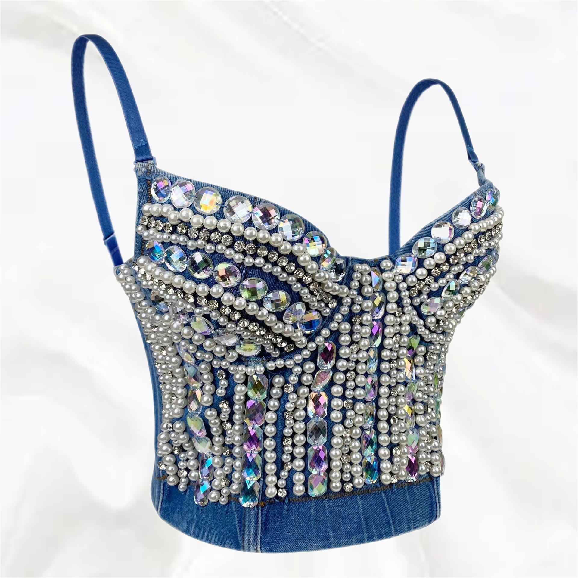 Dam Festtopp Glittrig Paljett Denim Crop Top-2