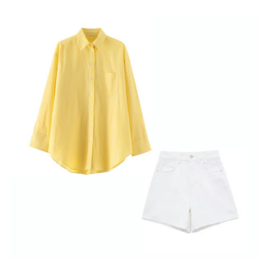 Dam Casual Set Randig Skjorta och Högmidjade Jeansshorts Bomull 1