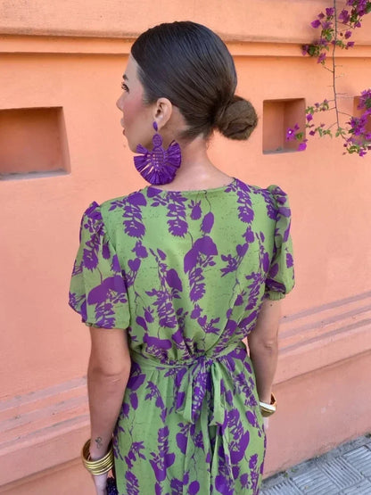 Kvinnors Wrap Klänning Blommönster Kort Ärmar Andningsbart Tyg 2