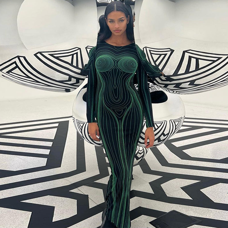 Kvinna Lång Klänning Med Ärmar Högkvalitativt Material-2