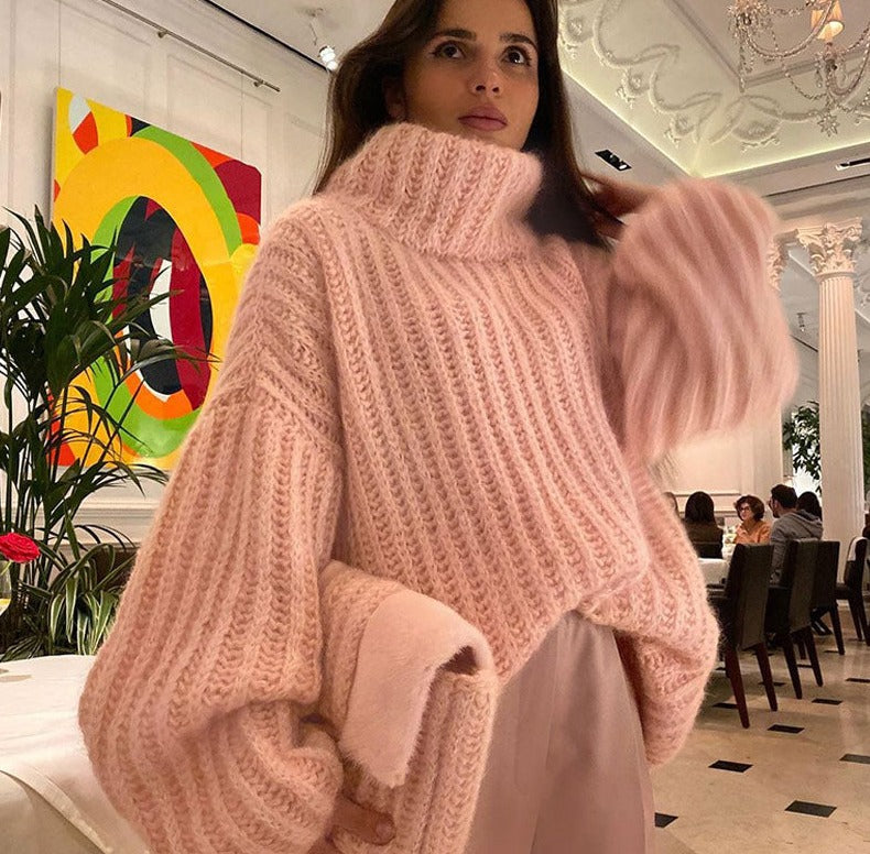 Dam Turtleneck Tröja Fluffig Akryl för Höst och Vinter-2