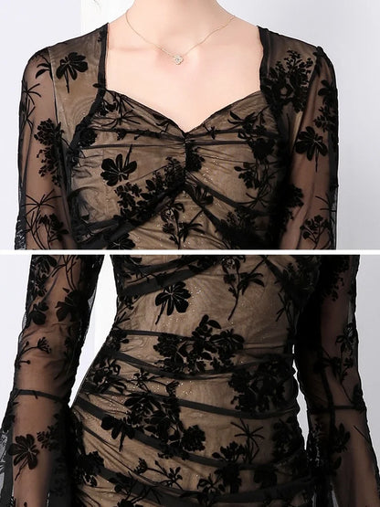 Damklänning Midi Fyrkantig Halsringning Flockad Detalj Bomull Polyester-5