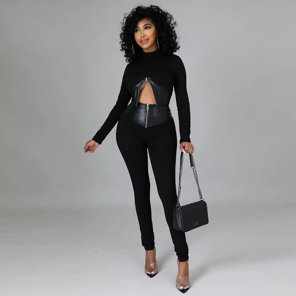 Dam Tvådelat Set Kort Korsett Syntetiskt Läder Högmidjade Byxor-2