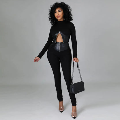 Dam Tvådelat Set Kort Korsett Syntetiskt Läder Högmidjade Byxor-2