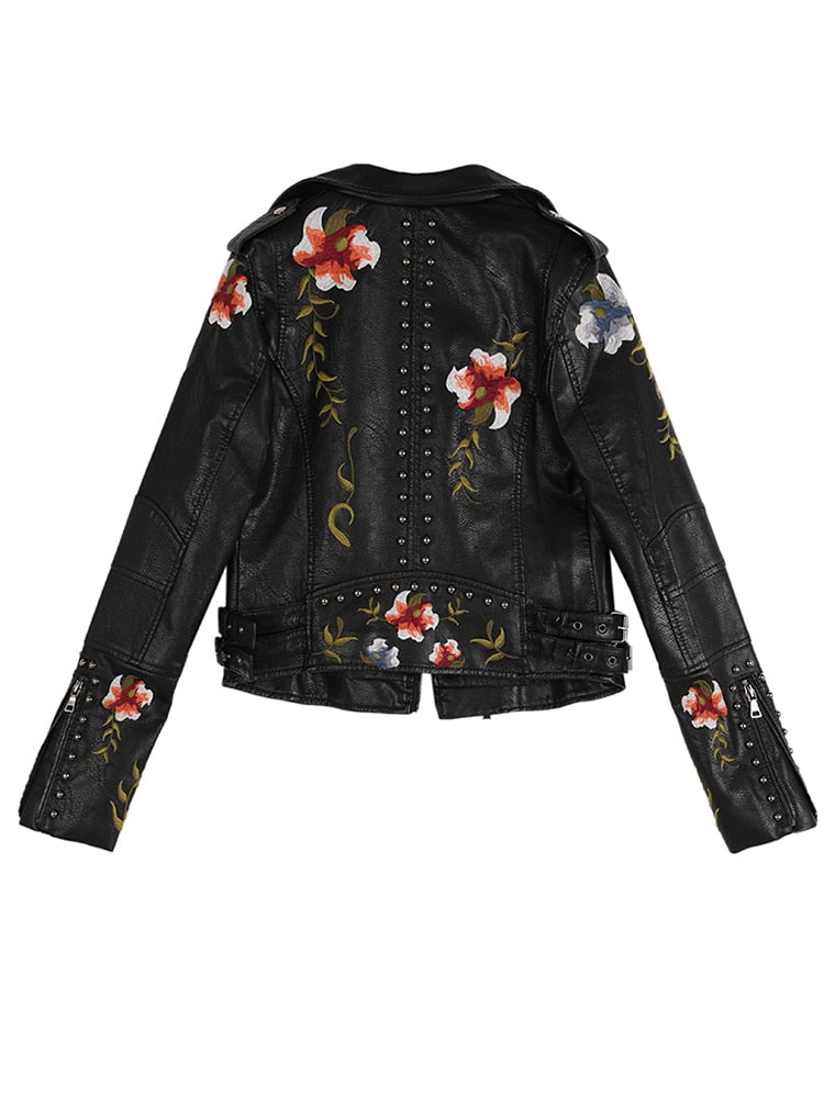 Kvinnors Läderjacka Med Blommig Broderi PU-Läder-2