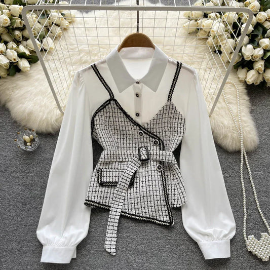 Dam Blus Patchwork Design Kort Bomull Polyester-1