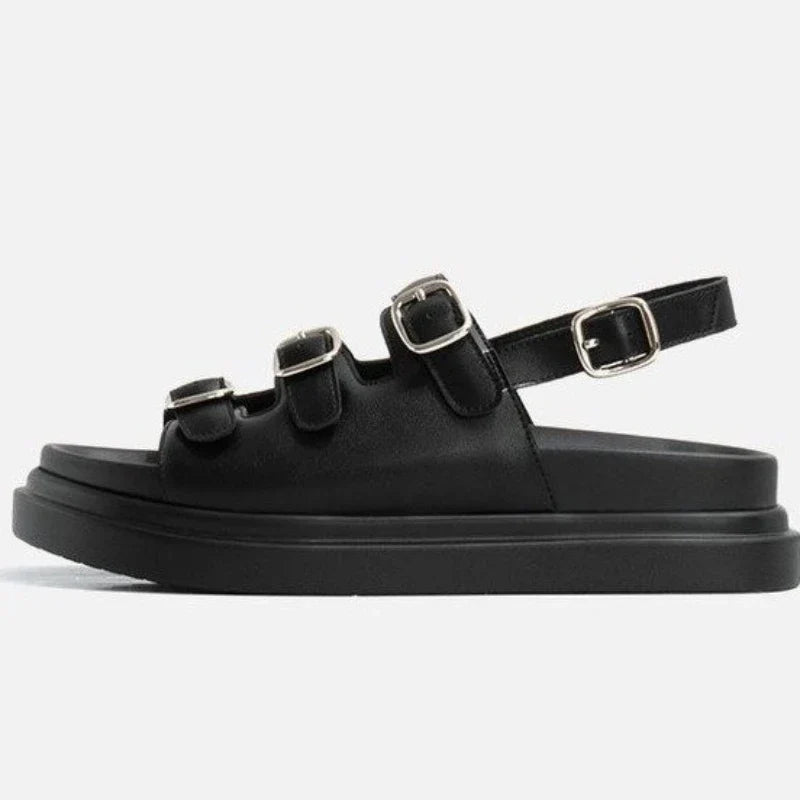 Dam Sandaler Läder med Tre Spännen och Gummisula-2