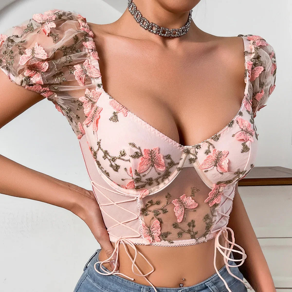 Dam Lingerie Set Blommönster Polyester Acetat Viskos-3