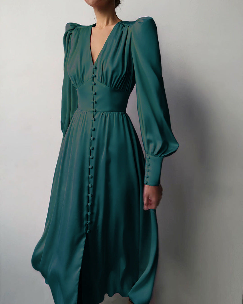 Variant image for Kvinnors Vintage Klänning MIDI Satin Knappdesign-11