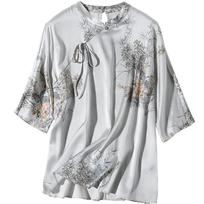 Dam Blus med Blommiga Ärmar Acetat Regelbunden Passform-6