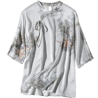 Dam Blus med Blommiga Ärmar Acetat Regelbunden Passform-6