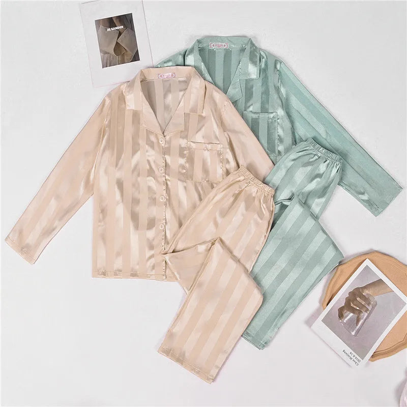 Dam Pyjamas Set V-hals Mjuk Polyester Långa Ärmar Fotledslängd Byxor-6