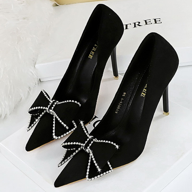 Dam Stilettskor i Flock med Strass – Mycket Hög Klack, Slip-On Design, Svart Elegant Festskor 2