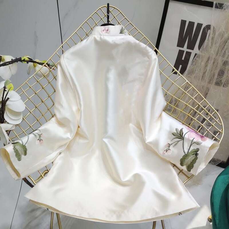 Dam Blus Blommigt Broderi Polyester Stativkrage-2