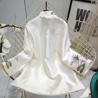 Dam Blus Blommigt Broderi Polyester Stativkrage-2