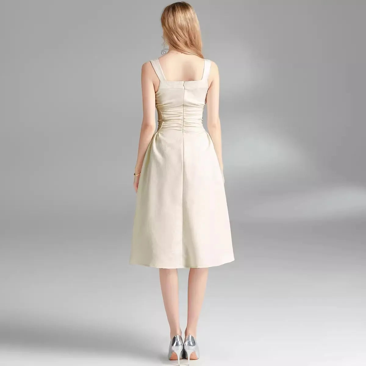 Dam Midi Klänning Spaghetti Band A-linjeformad Bomull och Polyester-4