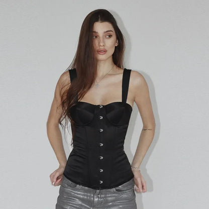 Festtoppar Dam Satin Monokrom Kort Tank Top med Måttlig Stretch-3