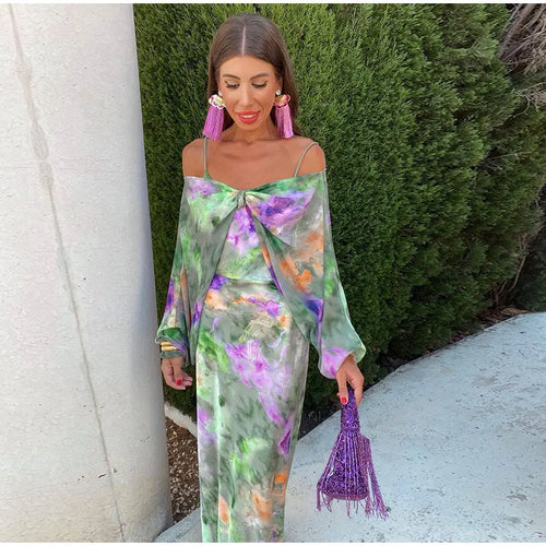 Maxiklänning Dam Halo Tryck 100% Polyester Med Avtagbar Halsduk-1