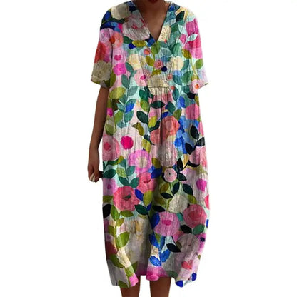 Kvinnors Avslappnad Klänning i Linne Högkvalitativt Material-2