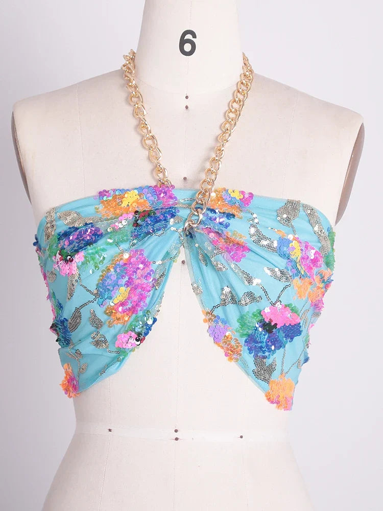 Variant image for Dam Crop Top Blommönster med Paljetter Polyester-7