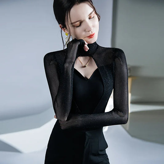 Dam Långärmad T-Shirt med Glittrande Detaljer i Polyester-1