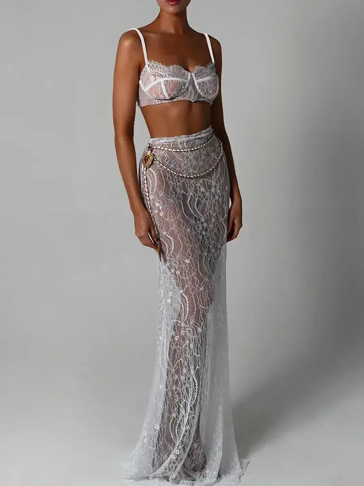 Damklänning Set Transparent Polyester med Blus och Spetsdetaljer-1