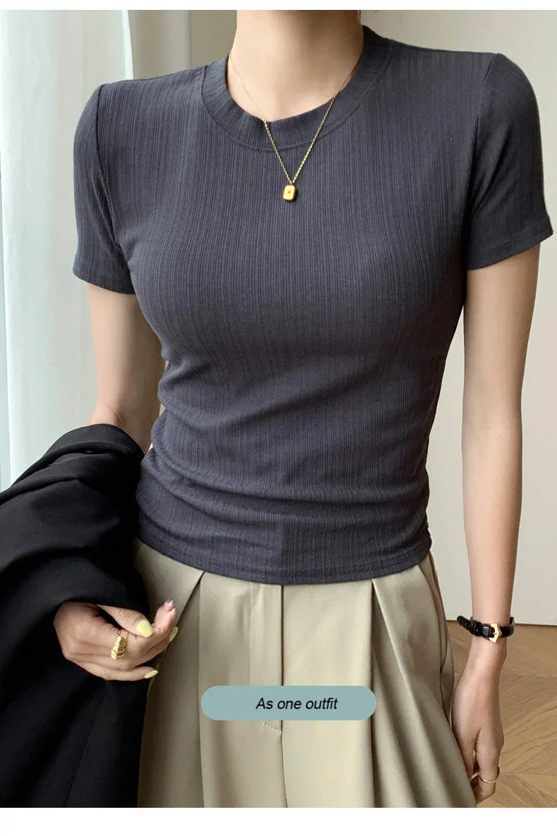 Dam T-shirt Rundhals Viskos Normal Passform Kort Ärmar-3