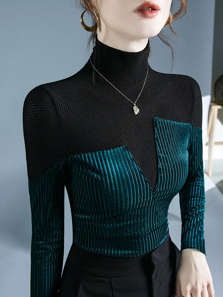 Dam T-shirt Monokrom Patchwork Polyester Spandex Nylon-5