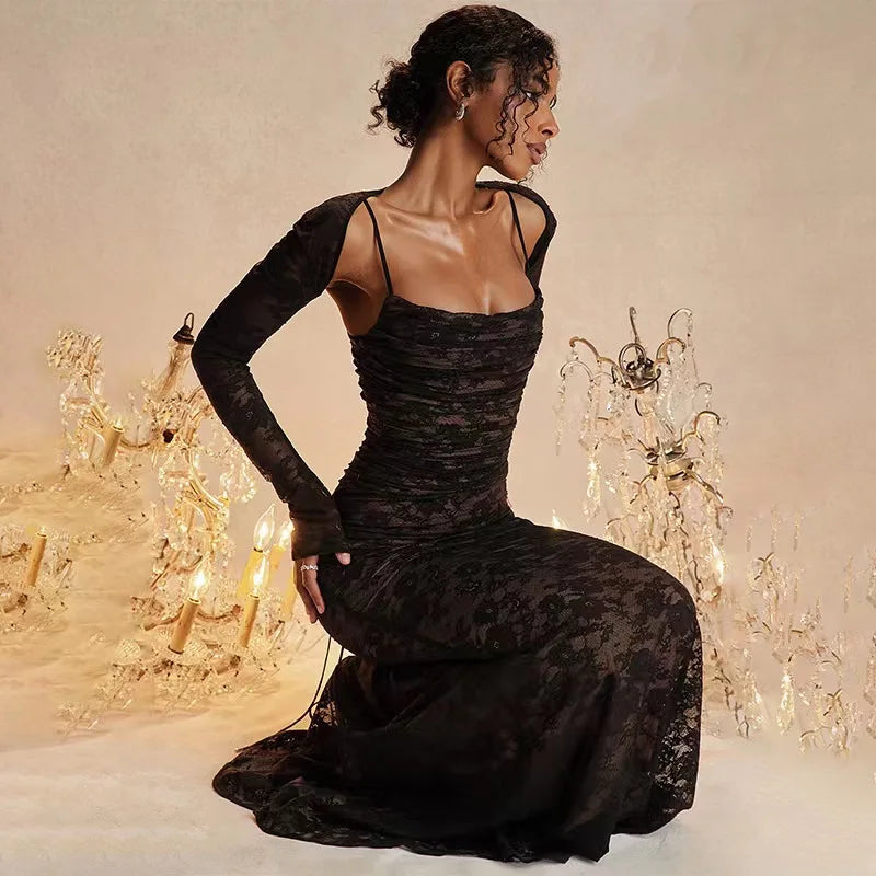 Maxiklänning Dam Elegant Vristlång Polyester Långa Ärmar-3