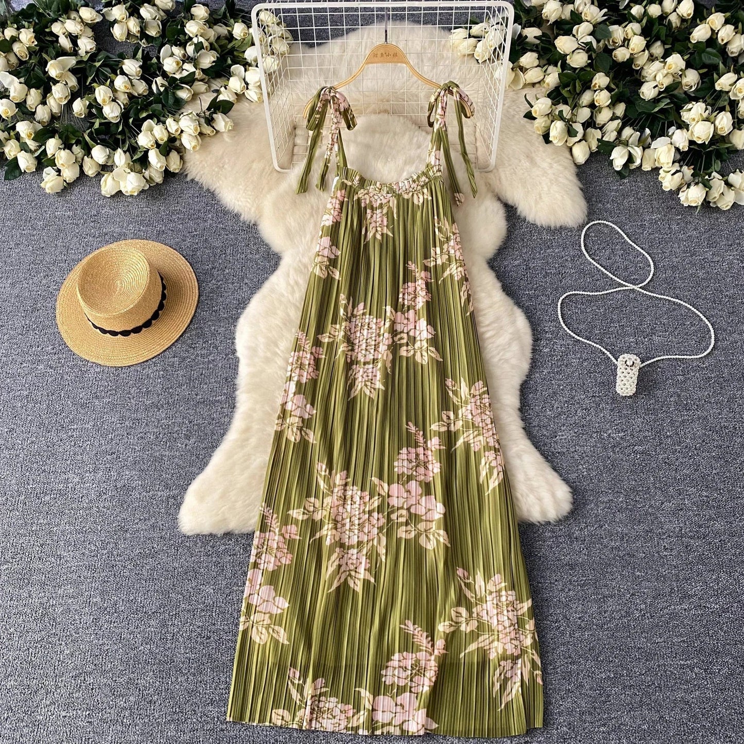 Damklänning Midi Plisserad Polyester O-halsringning-1