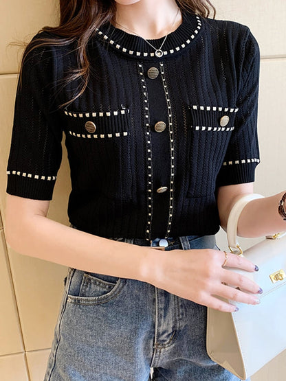 Dam Topp Vintage Rundhalsad Lätt Material-3