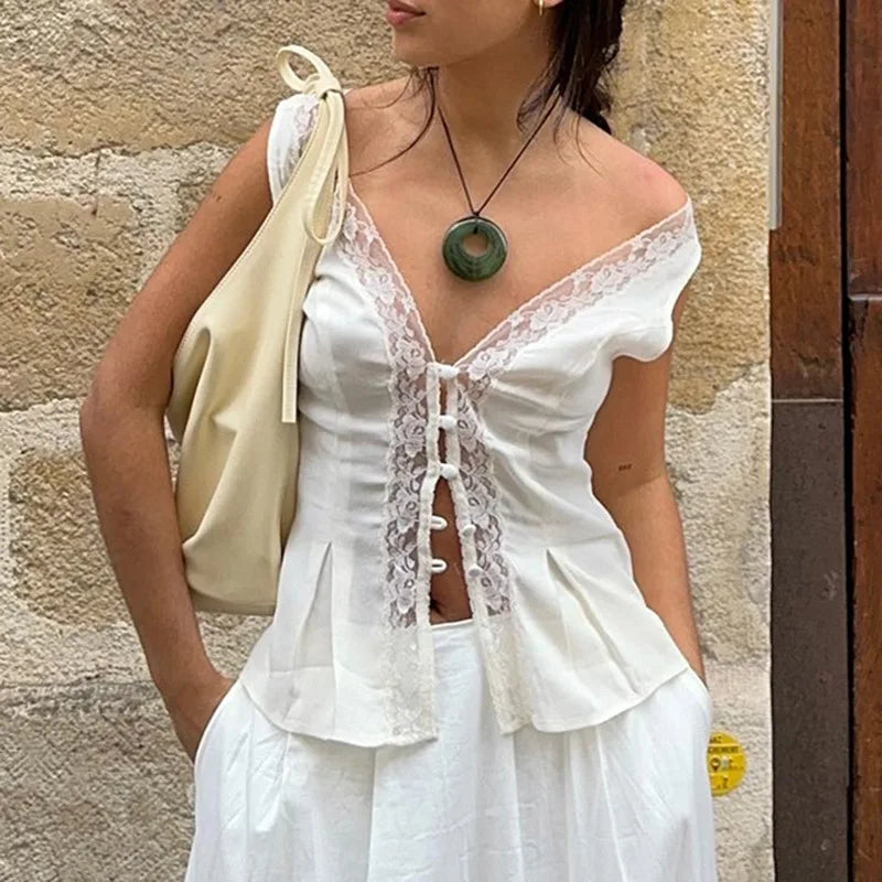 Festtoppar Dam V-ringning med Knappdekoration Polyester Topp-5