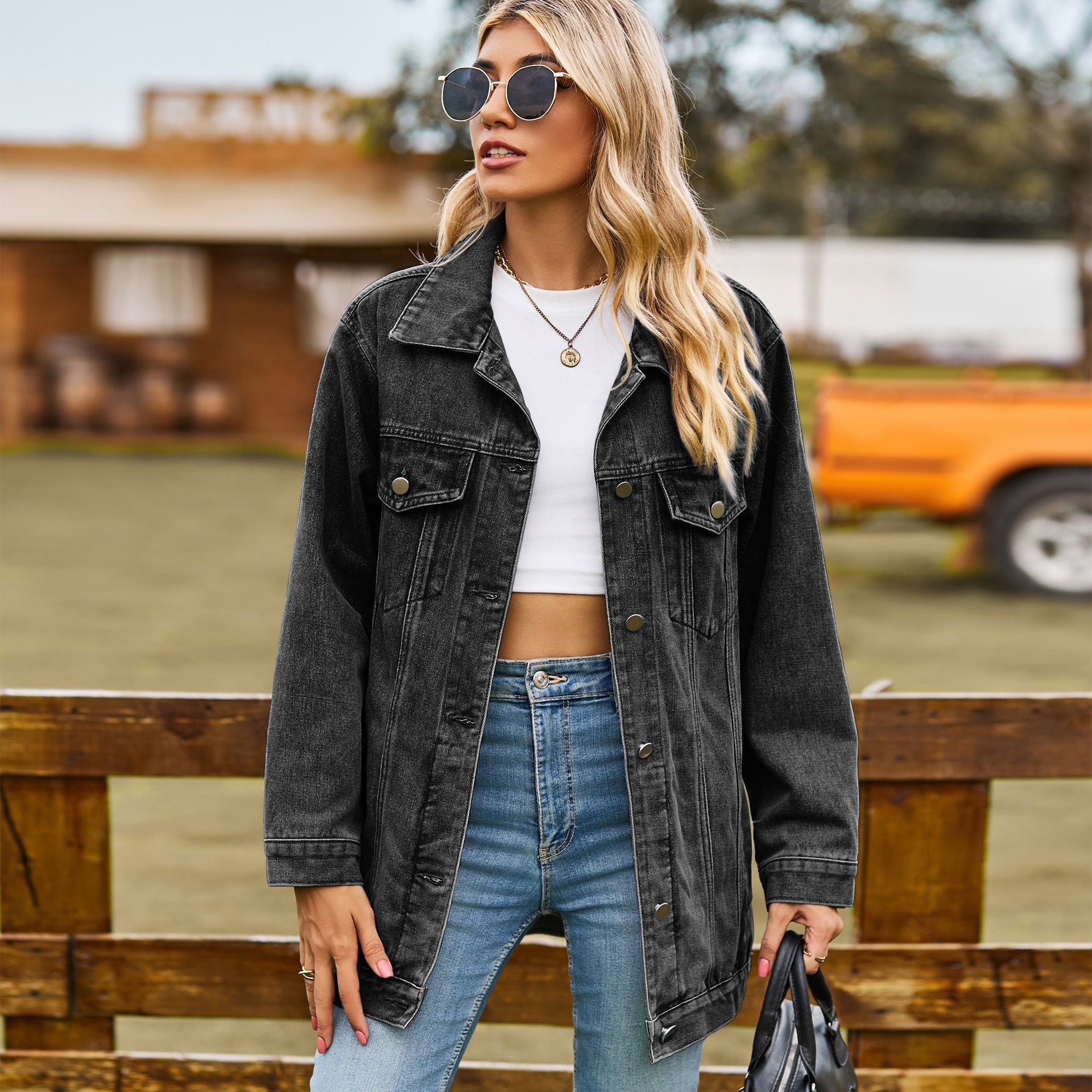 Dam Vintage Denimjacka Knappstängning Denim-6