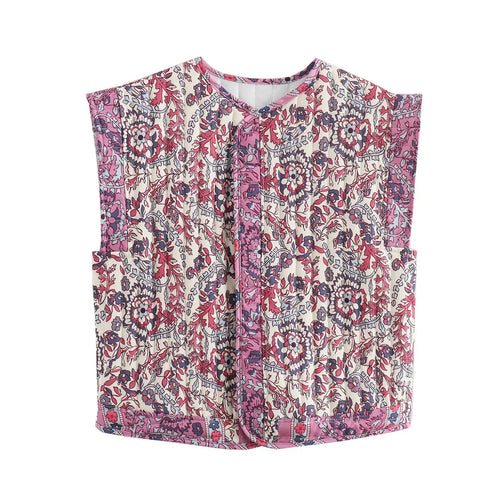 Dunväst Dam Blommig Vadderad Vintage Stil-1