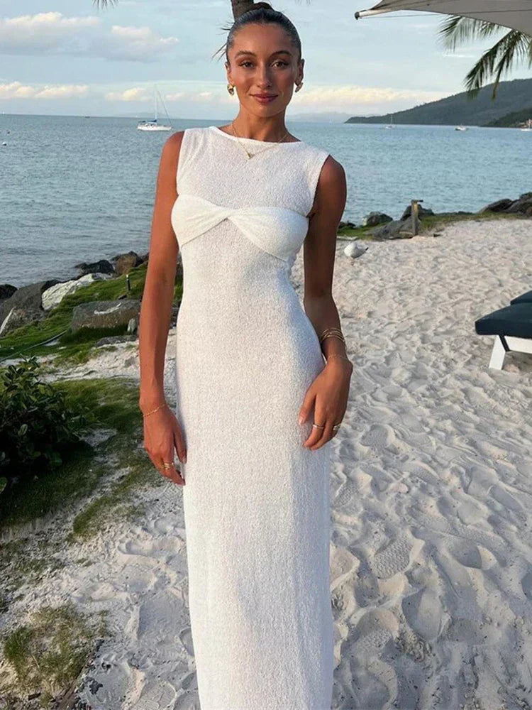 Ärmlös Maxiklänning Dam i Lätt Stickad Tyg – Elegant och Sval Klänning för Sommarens Strandutflykter 8
