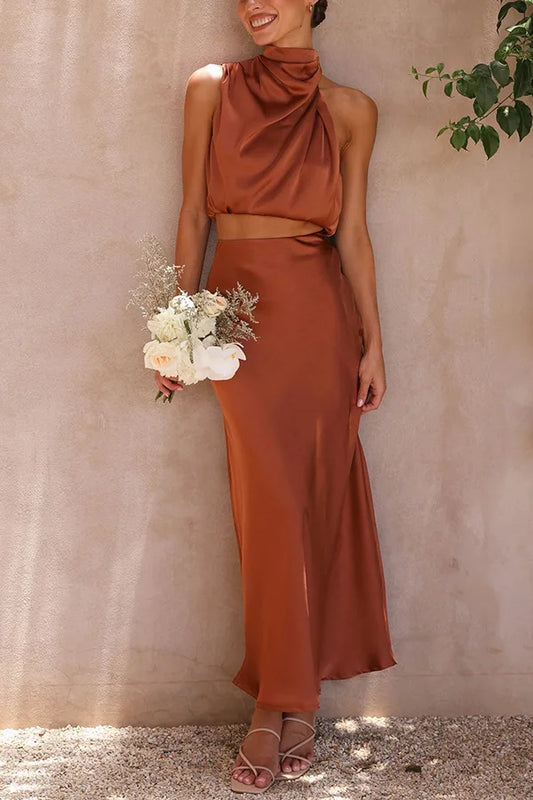 Maxiklänning Dam Halterneck Satin Elegant Lång Klänning-1