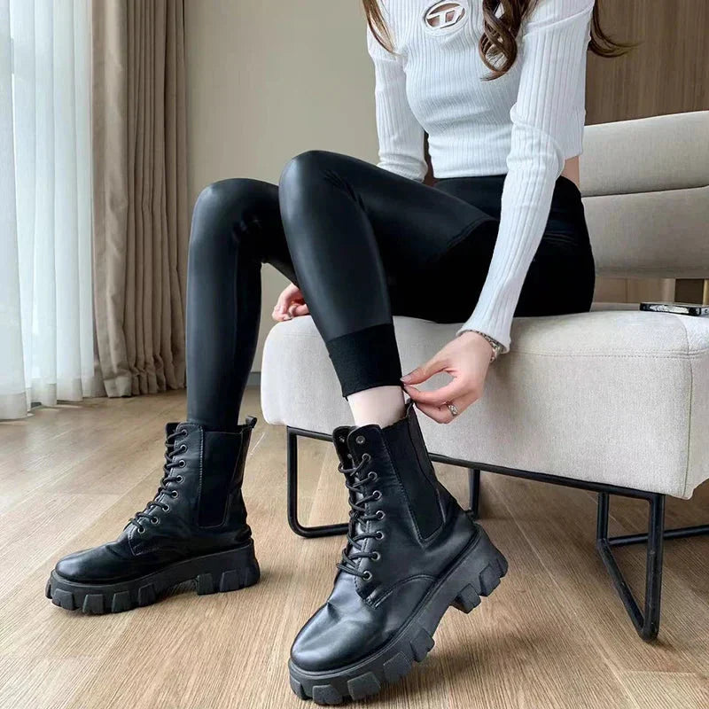 Dam Leggings Hög Midja Syntetiskt Läder Fotledslängd-3