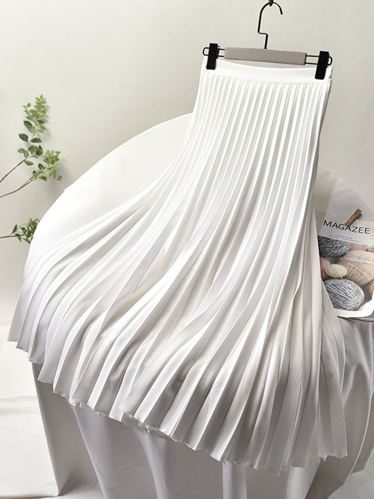 Dam Lång Kjol Veckad Hög Midja Polyester Elastan-5