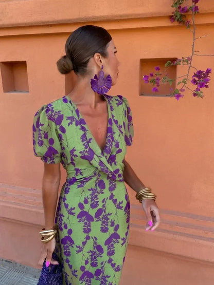 Kvinnors Wrap Klänning Blommönster Kort Ärmar Andningsbart Tyg 3