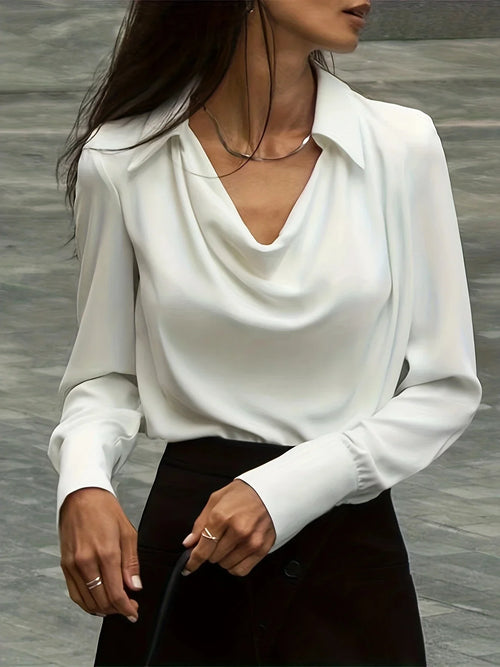 Vit Dam Blus Vattenfallskrage Polyester Elegant-1